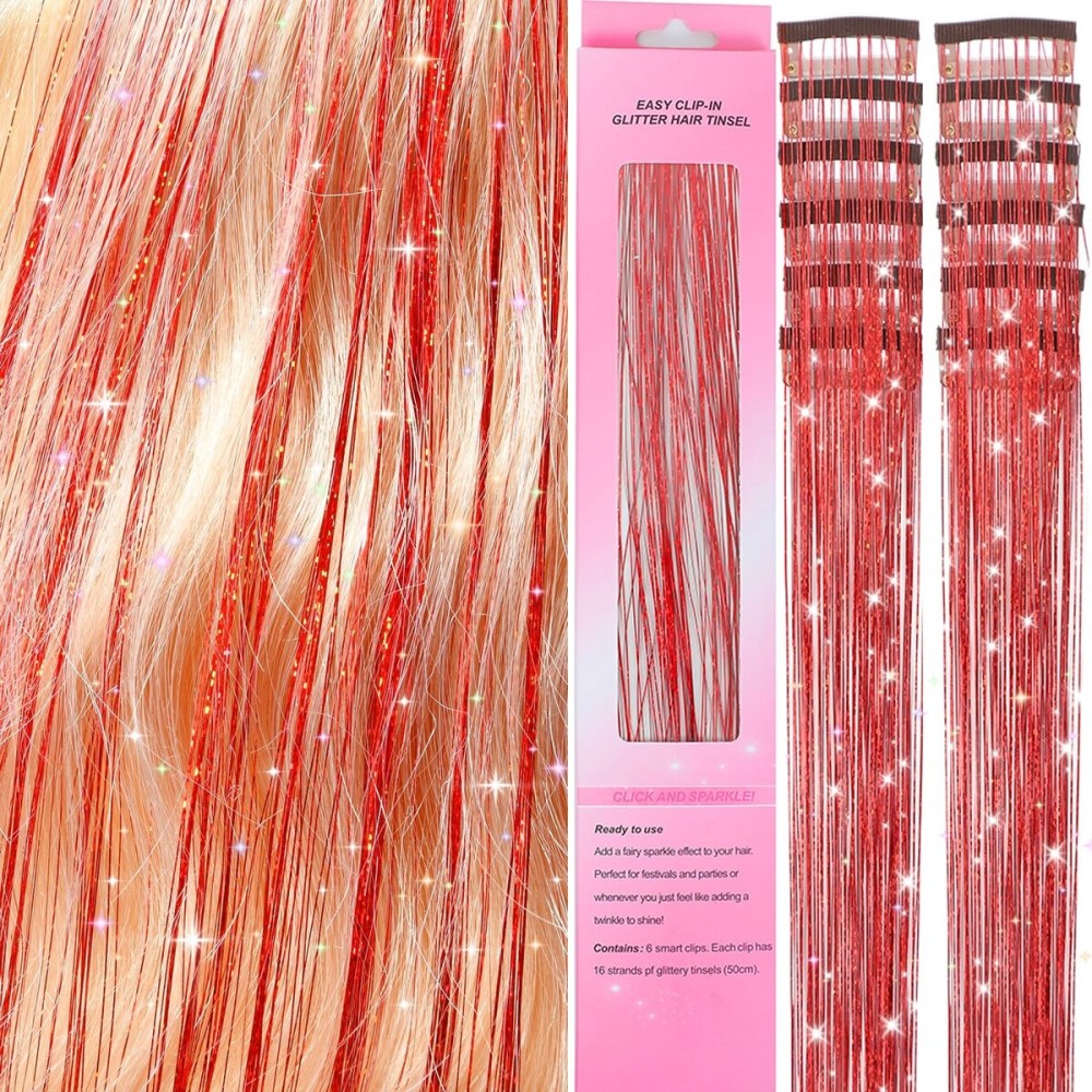 Clip in Hair Tinsel 12 Pcs Hair Tinsel Kit for Girls 22 Inch Glitter Fairy Extensions Colorful Heat Resistant Party Festival Hair Accessories for Women Kids (Red)