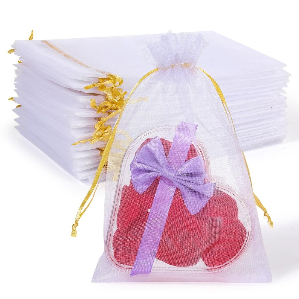 100PCS Premium White Organza Bags with Gold Drawstring, 4x6inch Wedding Favor Gift Bags, Mesh Pouch for Jewelry, Party, Christmas, Festival, Bathroom Soaps, Makeup Organza, Wrapping Supplie