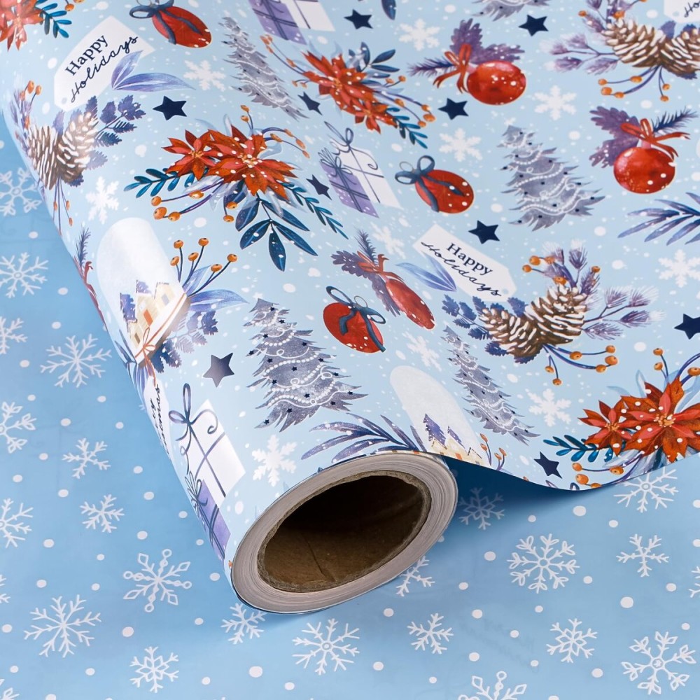 WRAPAHOLIC Reversible Christmas Wrapping Paper - Mini Roll - 17 Inch x 33 Feet - Red & Blue Snow Globe, Poinsettias and Snowflake Wrapping Paper for Xmas Holiday, Party Celebration