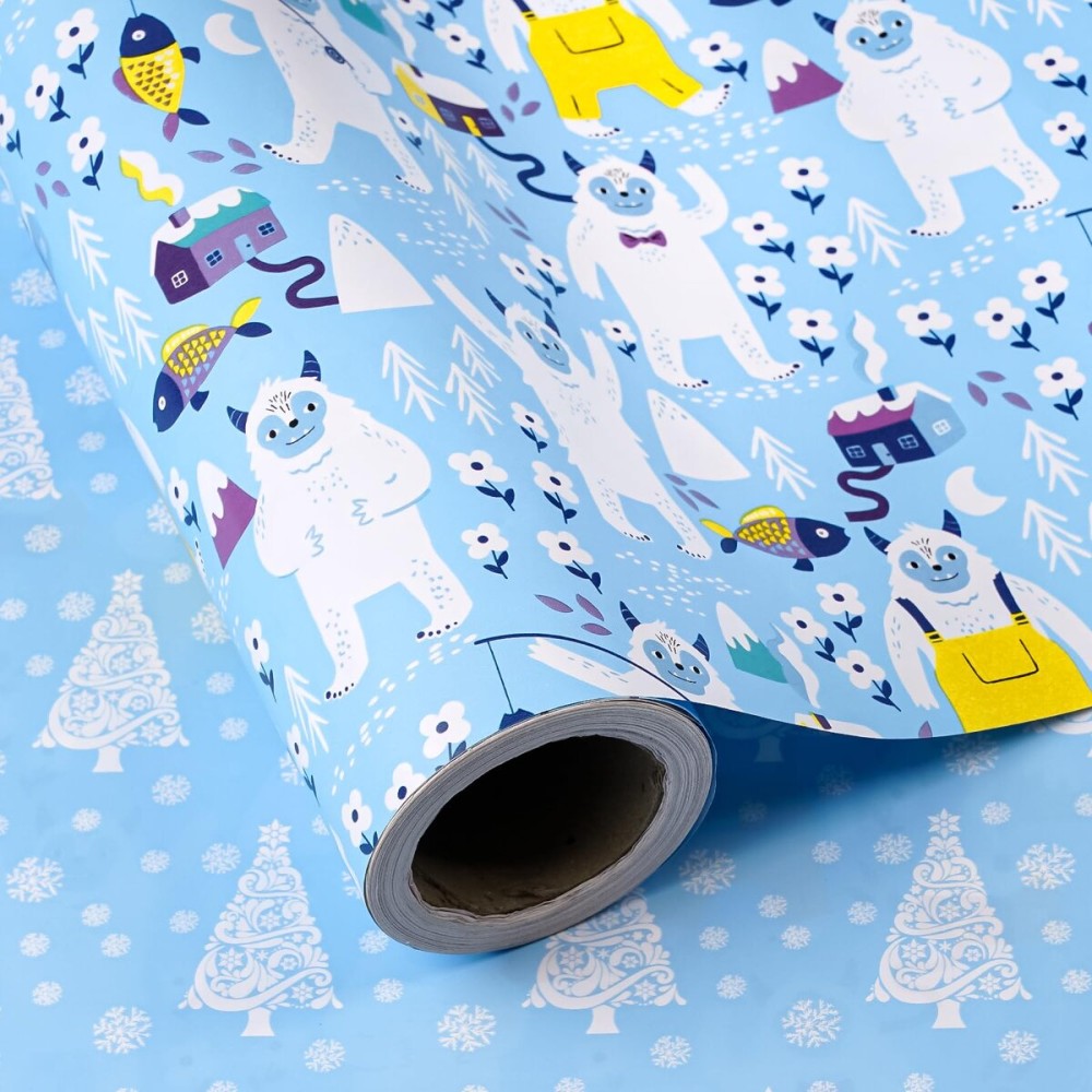 WRAPAHOLIC 30 Inch Reversible Christmas Wrapping Paper - 30 Inch x 33 Feet - Winter Snow Monster and Christmas Tree Wrapping Paper for Xmas Holiday, Party Celebration