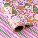 WRAPAHOLIC Reversible Gingerbread Christmas Wrapping Paper - Mini Roll - 17 Inch x 33 Feet - Pink Purple Stripes and Gingerbread Wrapping Paper for Xmas Holiday, Party Celebration