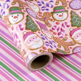 WRAPAHOLIC Reversible Gingerbread Christmas Wrapping Paper - Mini Roll - 17 Inch x 33 Feet - Pink Purple Stripes and Gingerbread Wrapping Paper for Xmas Holiday, Party Celebration