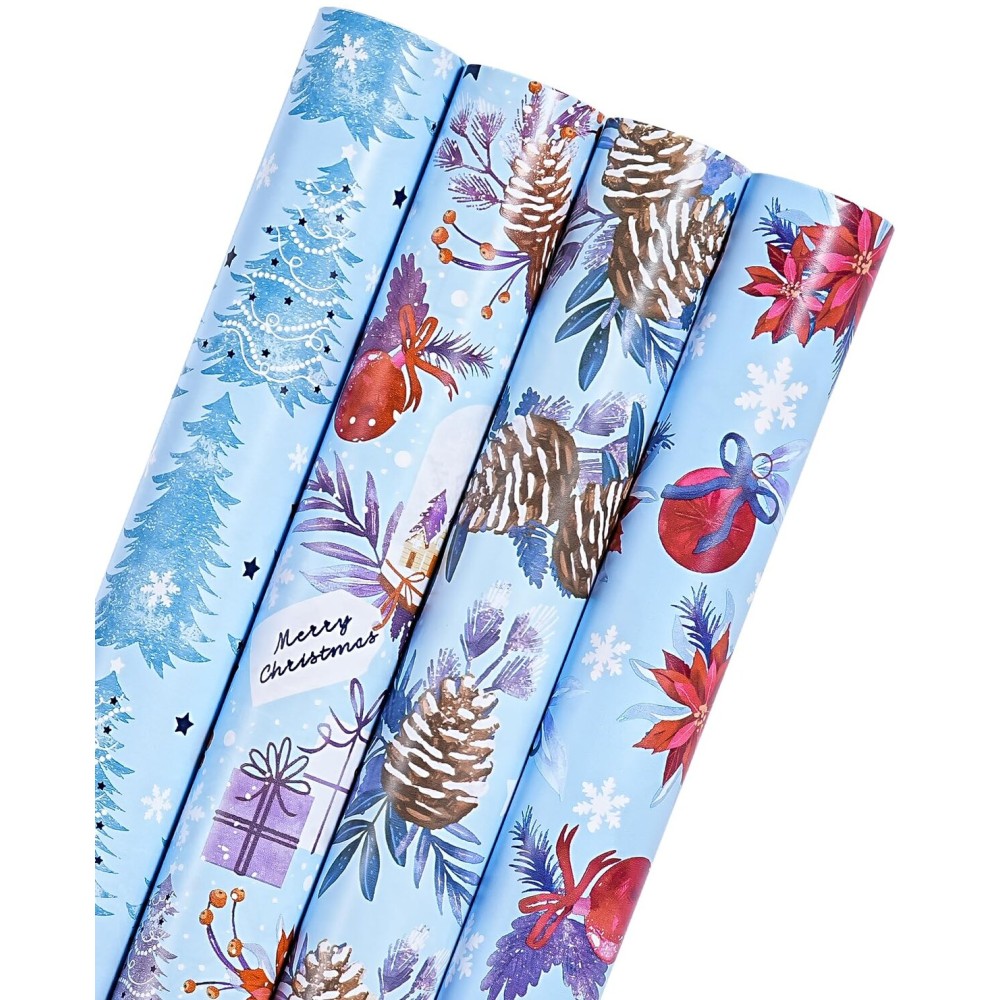 WRAPAHOLIC 30 Inch Christmas Wrapping Paper Roll - Jumbo Roll Red and Blue Snow Globe, Pinecone, Poinsettia, Christmas Tree Wrapping Paper - 4 Rolls - 30 Inch x 120 Inch Per Roll