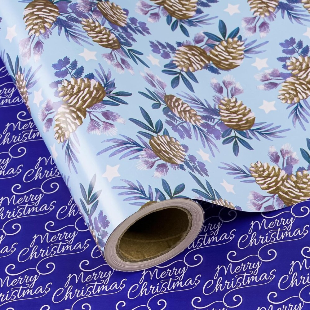 WRAPAHOLIC 30 Inch Reversible Christmas Wrapping Paper - 30 Inch x 33 Feet - Pinecone and Merry Christmas Blue Wrapping Paper for Xmas Holiday, Party Celebration