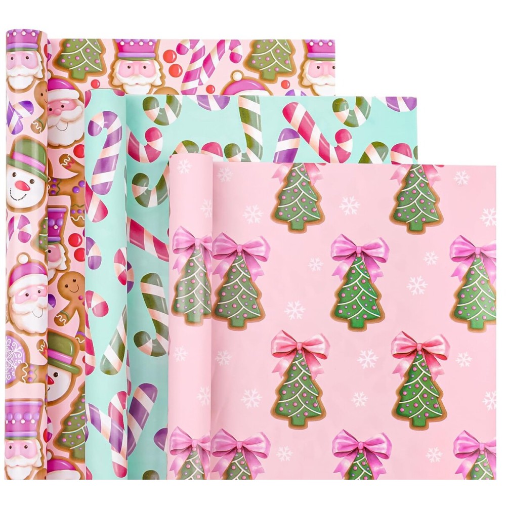 WRAPAHOLIC Christmas Wrapping Paper Roll - Mini Roll - 3 Rolls - 17 Inch x 120 Inch Per Roll - Pink & Blue Gingerbread Wrapping Paper Holiday Collection for Xmas Holiday, Party Celebration