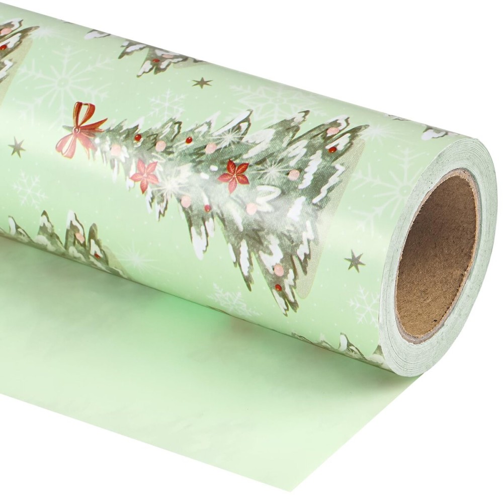 WRAPAHOLIC Reversible Christmas Wrapping Paper - Mini Roll - 17 Inch x 33 Feet - Light Green Christmas Tree Wrapping Paper for Xmas Holiday, Party Celebration
