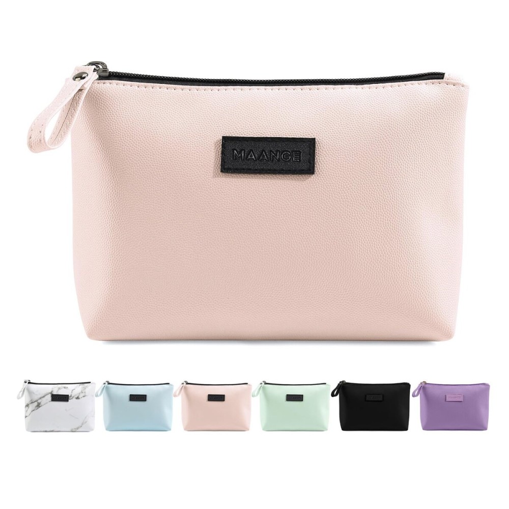MAANGE Cosmetic Bags for Women Small Makeup Bag for Purse Pu Leather Makeup Pouch Travel Makeup Bag with Zipper Make Up Bag for Travelling (Light Pink)