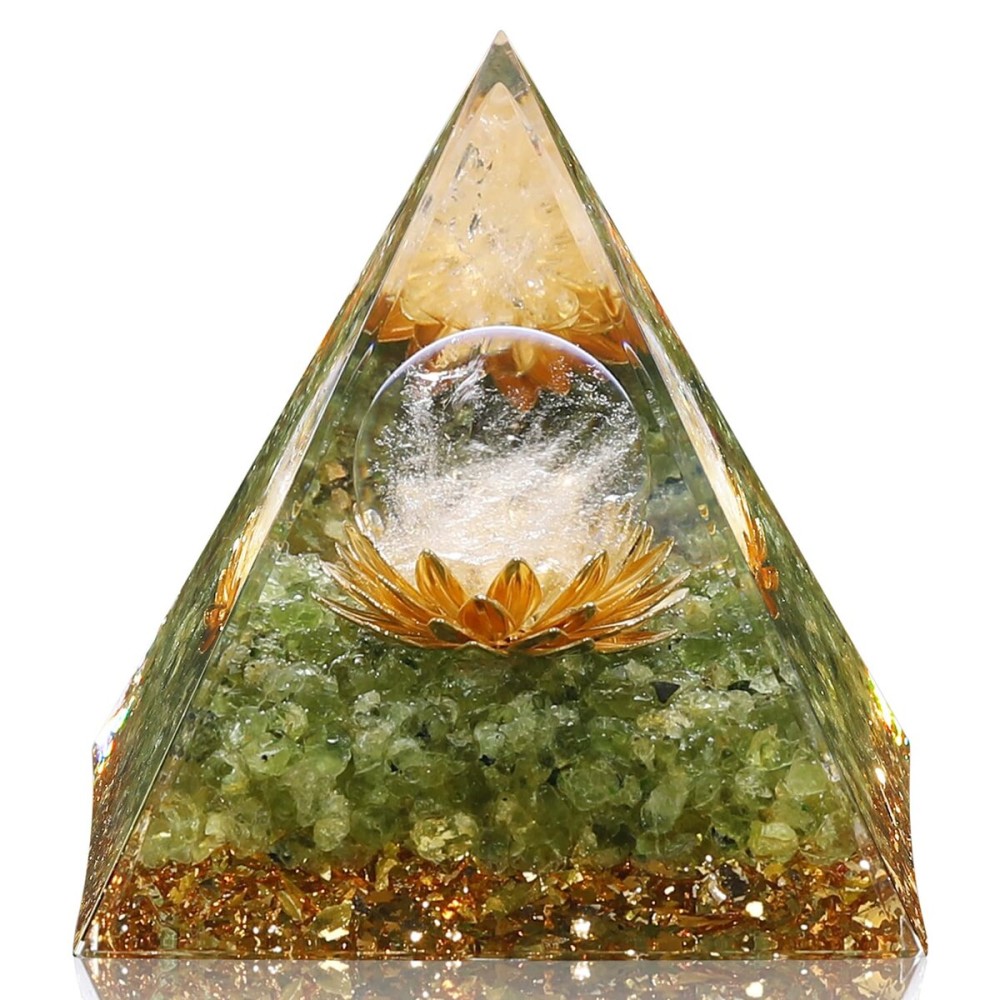 Hopeseed Orgone Pyramid for Positive Energy, Orgonite Natural Peridot&White Crystal Healing Crystals Pyramid for Reduce Stress Chakra Reiki Healing Meditation Cleanses The Mind and Boosts Confidence