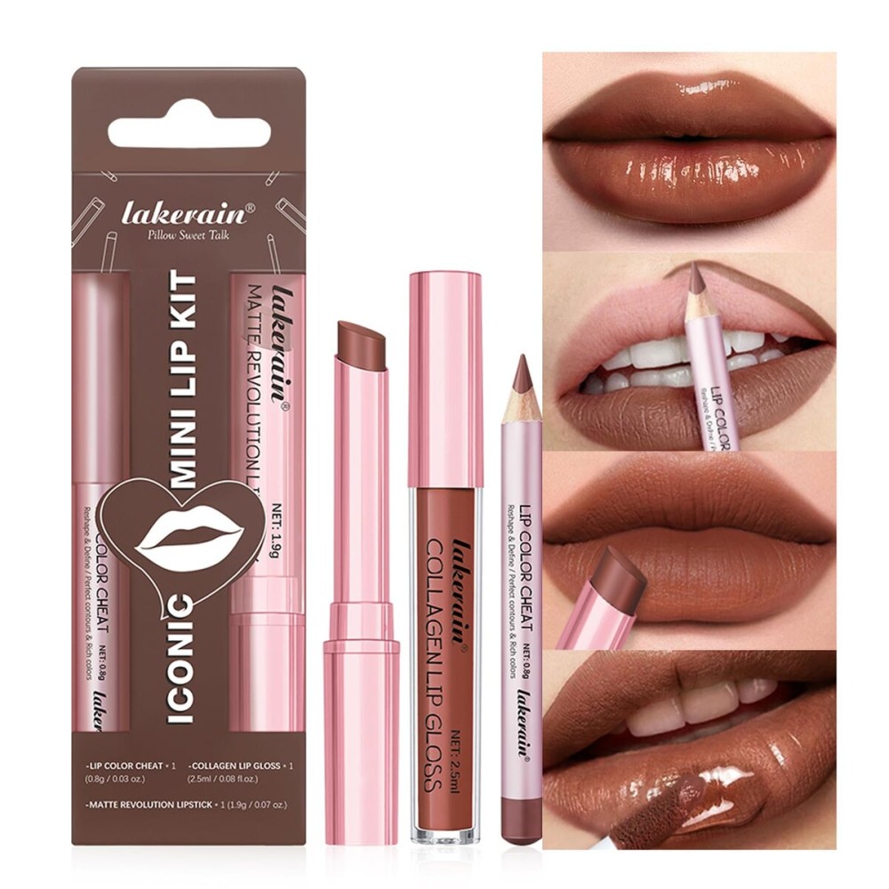 BestLand 3PCS Lip Liner and Lipstick Combo Set - Matte Lip Liner Pencil, Velvet Matte Lipstick & Hydrating Collagen Lip Gloss - Long-Lasting, Smudge-Proof, Nude Brown Lip Makeup Kit (4 Nude Brown)