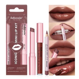 3PCS Lip Liner and Lipstick Combo Set - Matte Lip Liner Pencil, Velvet Matte Lipstick & Hydrating Collagen Lip Gloss - Long-Lasting, Smudge-Proof, Nude Brown Lip Makeup Kit (3 Reddish Brown)