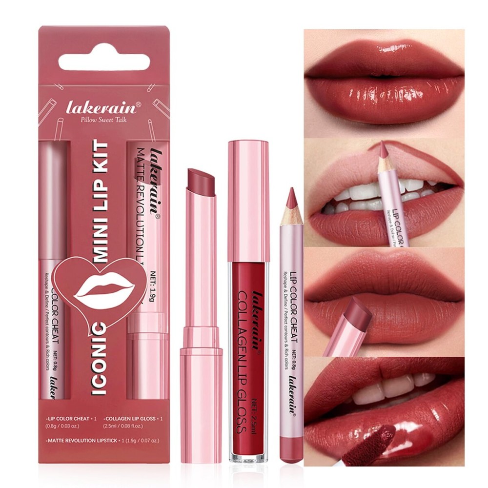 3PCS Lip Liner and Lipstick Combo Set - Matte Lip Liner Pencil, Velvet Matte Lipstick & Hydrating Collagen Lip Gloss - Long-Lasting, Smudge-Proof, High Pigment Nude Brown Lip Makeup Kit (2 Red Rose)