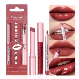 3PCS Lip Liner and Lipstick Combo Set - Matte Lip Liner Pencil, Velvet Matte Lipstick & Hydrating Collagen Lip Gloss - Long-Lasting, Smudge-Proof, High Pigment Nude Brown Lip Makeup Kit (2 Red Rose)