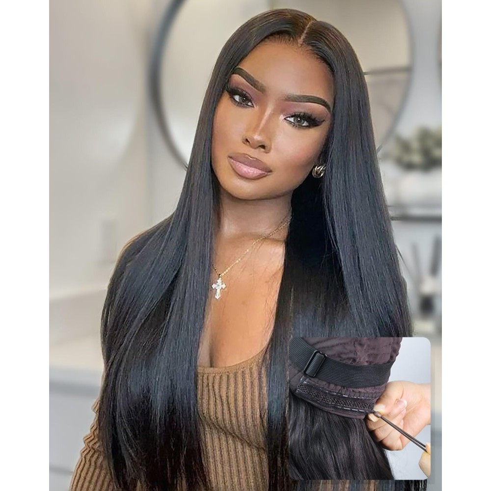 FACMOOD Glueless Drawstring Wigs Human Hair Pre plucked Pre Cut, 6x4 HD Lace Front Wear and Go Glueless Wig Straight with Drawstring Straight for Women 200% Density 20 inch