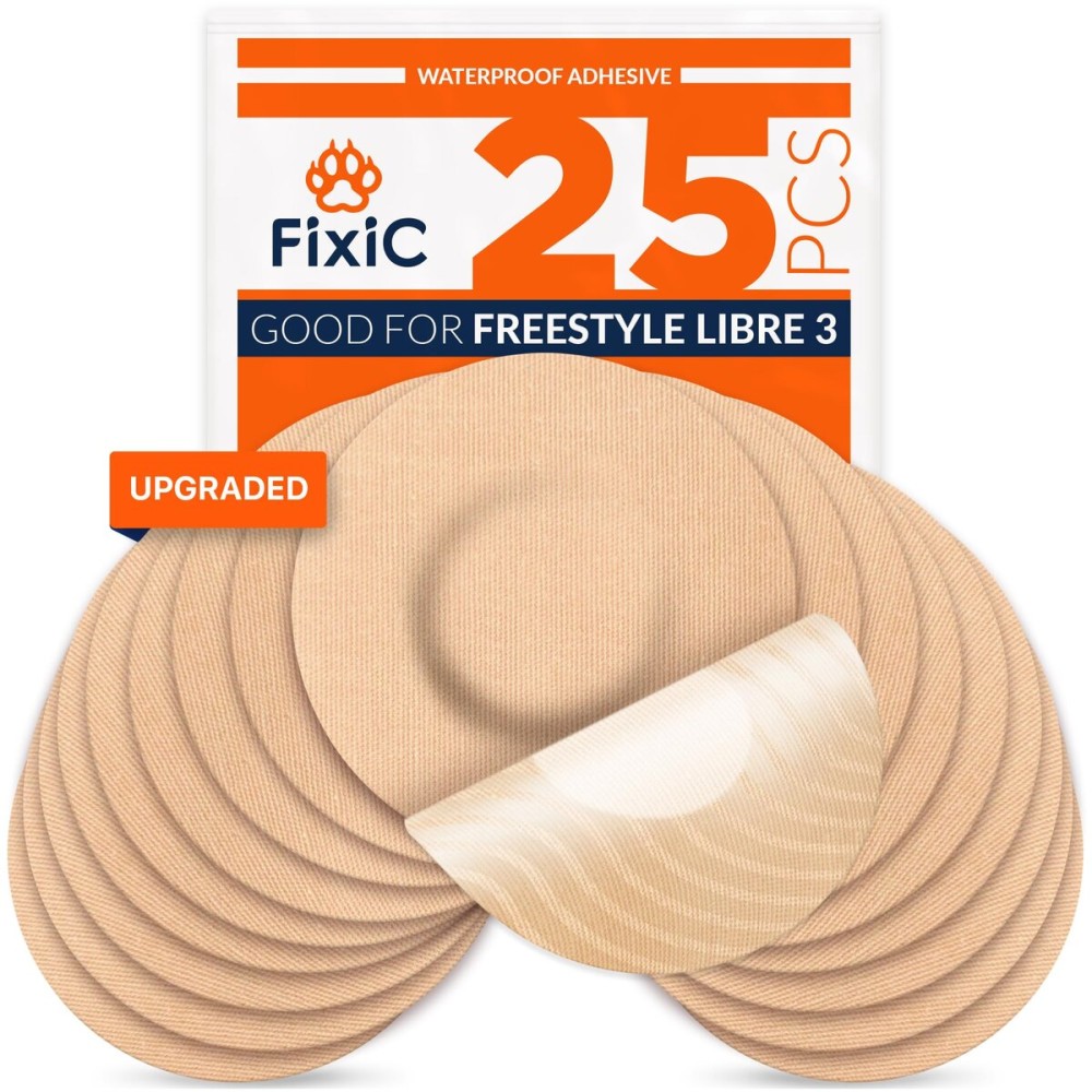 Fixic Libre 3 Sensor Covers - 25 Pack - Perfect Freestyle Adhesive Patches for Libre 3 & Plus Sensors - No Glue in The Center - Pre-Cut Back Paper - The Best Fixation for Your Sensor! (Upgraded, Tan)