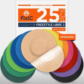 Fixic Libre 3 Sensor Covers - 25 Pack - Freestyle Adhesive Patches for Libre 3 & Plus Sensors - No Glue in The Center - Pre-Cut Back Paper - The Best Fixation for Your Sensor! (Upgraded, Multi-Color)