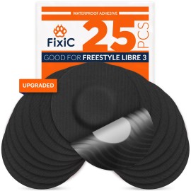 Fixic Libre 3 Sensor Covers - 25 Pack - Freestyle Adhesive Patches for Libre 3 & Plus Sensors - No Glue in The Center - Pre-Cut Back Paper - The Best Fixation for Your Sensor! (Upgraded, Black)