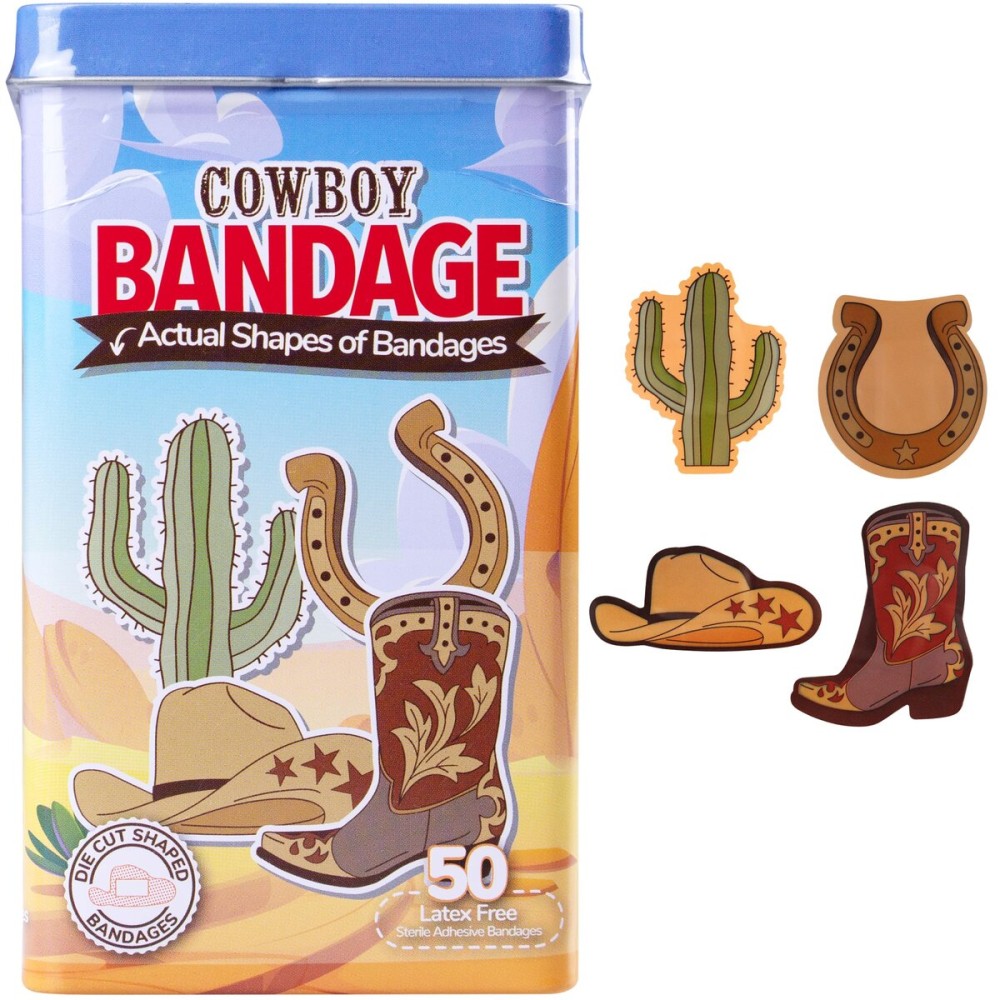 BioSwiss Bandages, Cowboy Shaped Self Adhesive Bandage Set, Latex Free, Sterile Wound Care, 50 Count