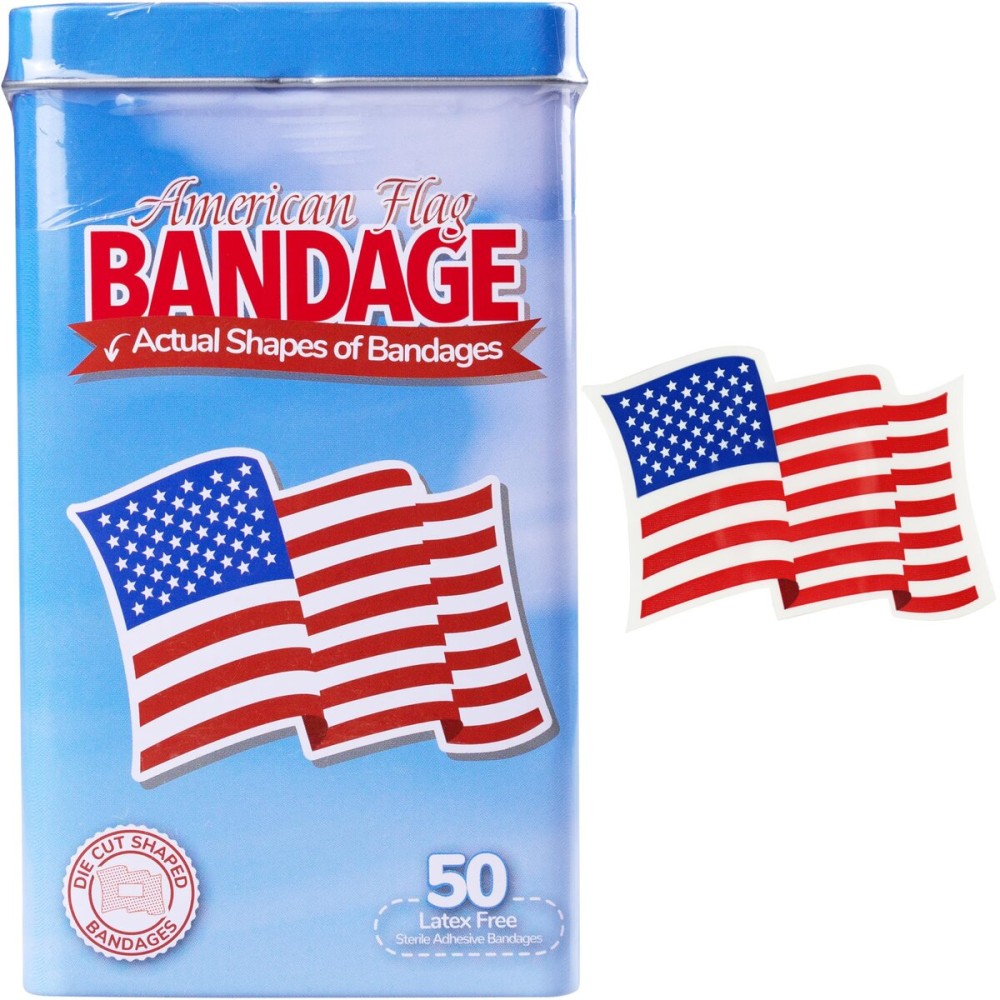 BioSwiss Bandages, American Flag Shaped Self Adhesive Bandage Set, Latex Free, Sterile Wound Care, 50 Count
