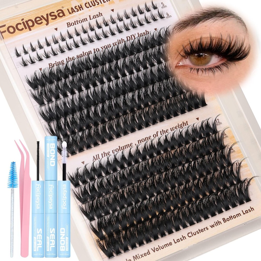 Focipeysa Wispy Eyelash Extensions Kit Thick Volume Lash Cluster with Bottom Individual Lash Extensions Volume Individual Lashes Extensions Kit with Lash Bond and Seal DIY Clusters Lash at Home