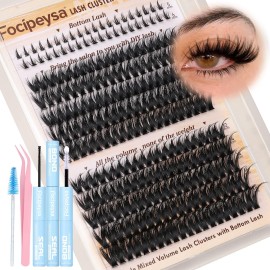 Focipeysa Wispy Eyelash Extensions Kit Thick Volume Lash Cluster with Bottom Individual Lash Extensions Volume Individual Lashes Extensions Kit with Lash Bond and Seal DIY Clusters Lash at Home