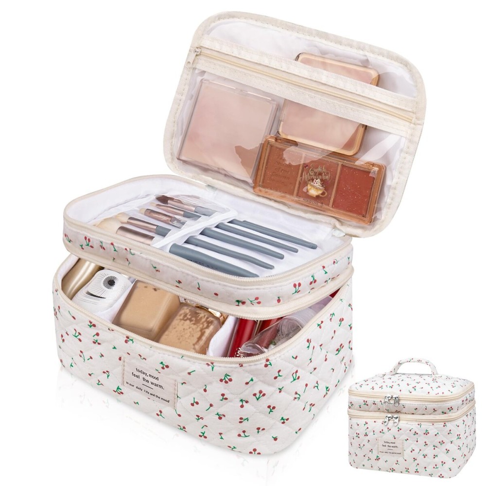 Makeup bag, Large Cosmetic Bag for Women Girls, Cute Quilted Makeup Bags, Floral Coquette Aesthetic Toiletry Bag, Travel Make Up Organizer Bag (Cherry)