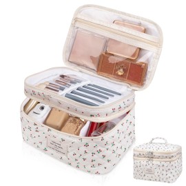 Makeup bag, Large Cosmetic Bag for Women Girls, Cute Quilted Makeup Bags, Floral Coquette Aesthetic Toiletry Bag, Travel Make Up Organizer Bag (Cherry)