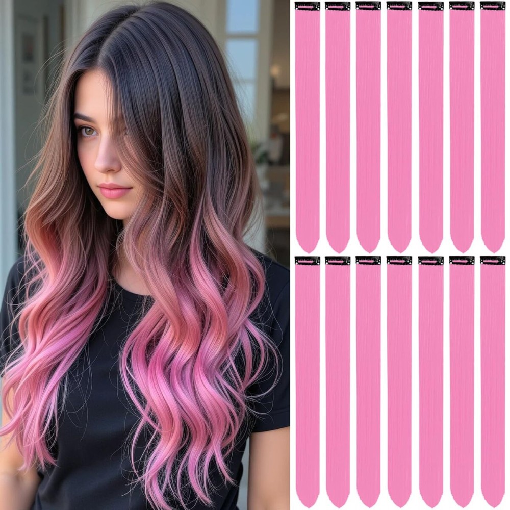 LADYAMZ Colored Pink Hair Extensions 14 PCS, 22 In Colorful Clip in Hair Extensions Christmas Party Highlights, Dream Rainbow Long Straight Synthetic Hairpieces for Girls Women Kids Cosplay Gift(Pink)