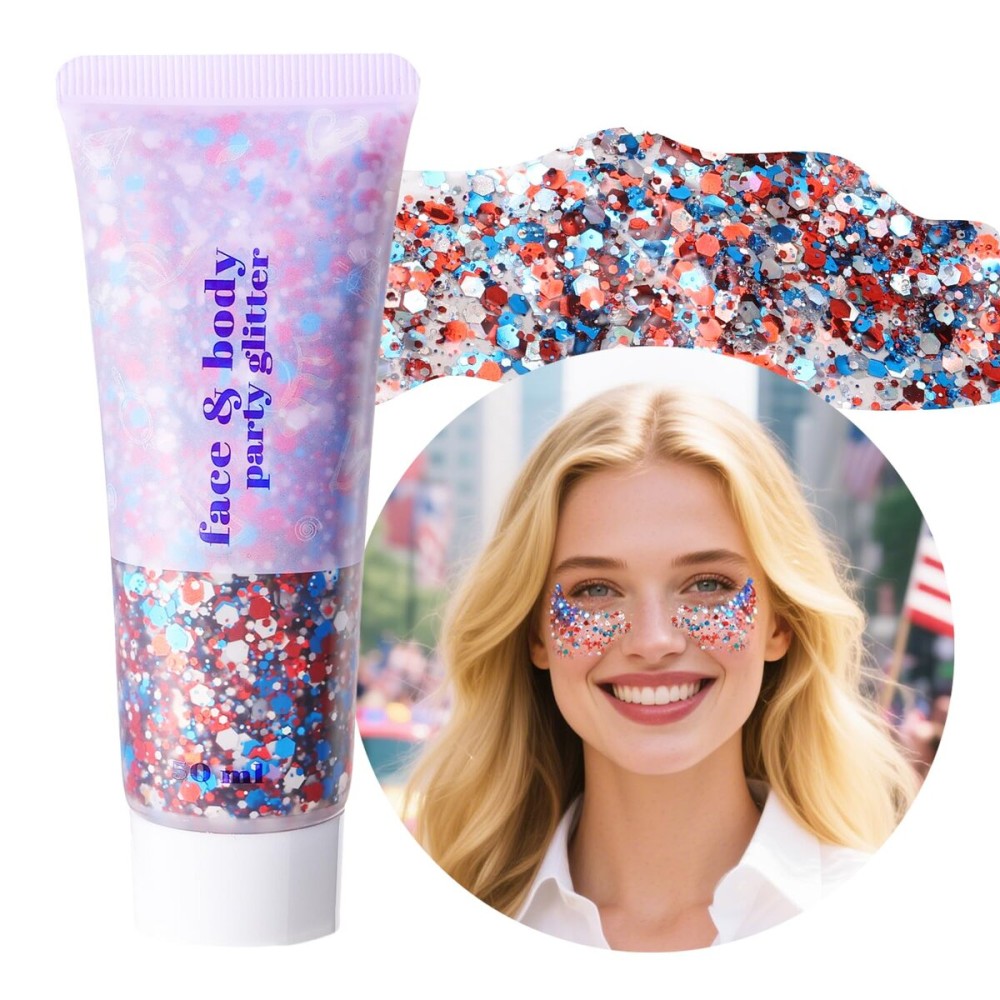 DAGEDA Red White Blue Body Glitter, 4th of July Outfits Accessories for Women, USA Flag Face Glitter Makeup, Fourth of July Patriotic Independence Day Hair Accessories Party Costumes