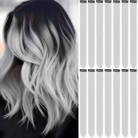 LADYAMZ Colored Hair Extensions 14 PCS, 22 In Light Grey Clip in Hair Extensions Party Highlights, Colorful Long Straight Synthetic Hairpieces for Girls Women Kids Christmas New Year Gift(Sliver Gray)