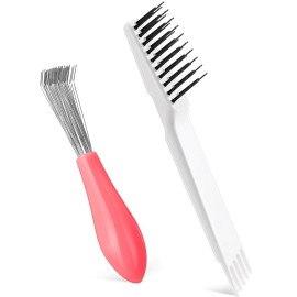 Boao 2 Pieces Hair Brush Cleaning Tool Comb Set 2-in-1 Mini Hair Brush Dirt Remover with Metal Wire Rake for Removing Dust Home and Salon Use(Pink and White)