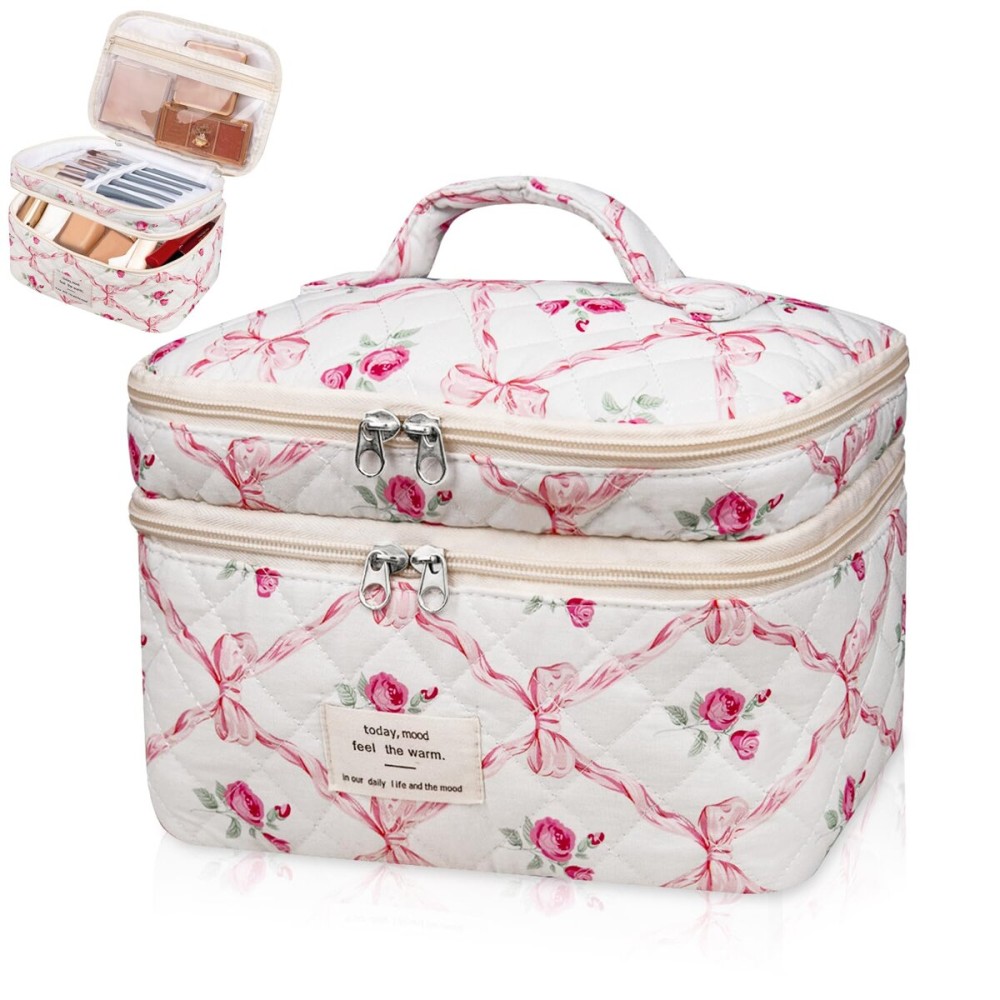 Makeup bag, Large Cosmetic Bag for Women Girls, Cute Quilted Makeup Bags, Floral Coquette Aesthetic Toiletry Bag, Travel Make Up Organizer Bag (Pink)