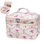 Makeup bag, Large Cosmetic Bag for Women Girls, Cute Quilted Makeup Bags, Floral Coquette Aesthetic Toiletry Bag, Travel Make Up Organizer Bag (Pink)