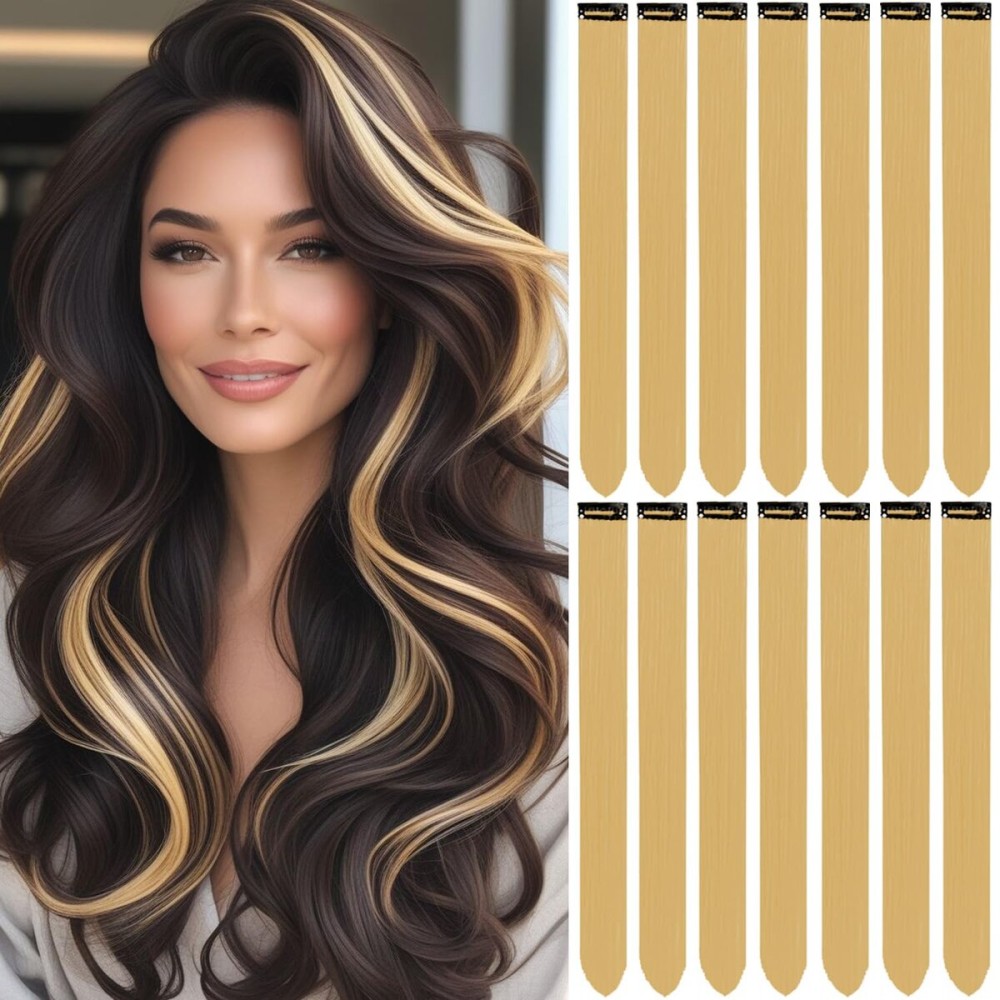 LADYAMZ Colored Hair Extensions 14 PCS, 22 In Dream Rainbow Clip in Hair Extensions Christmas Party Highlights, Colorful Long Straight Synthetic Hairpieces for Girls Women Kids Gift(Beige Blonde)