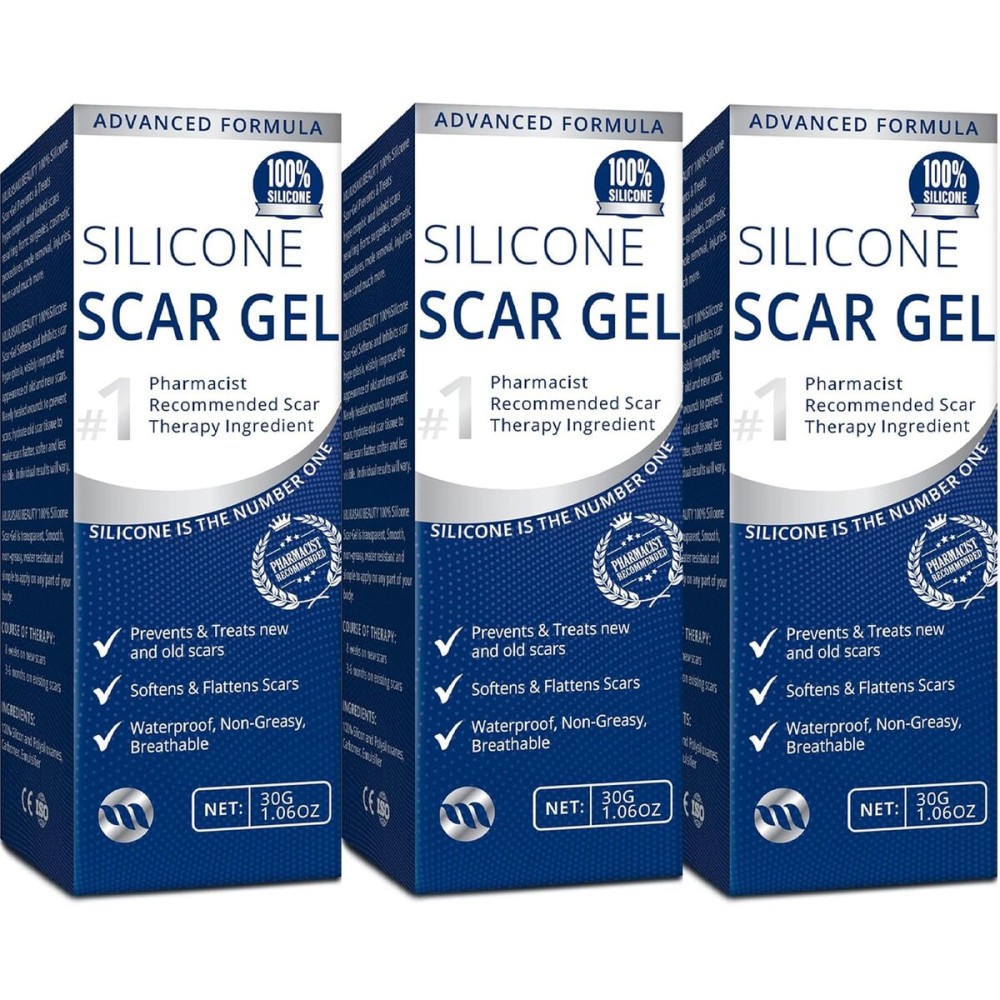 100% Silicone Scar Gel 3-Pack - 3 x 1.06oz Scar Cream for Long-Term Scar Care - C-Section, Surgery, Acne, Keloids, Burns - Fades Old & New Scars Fast