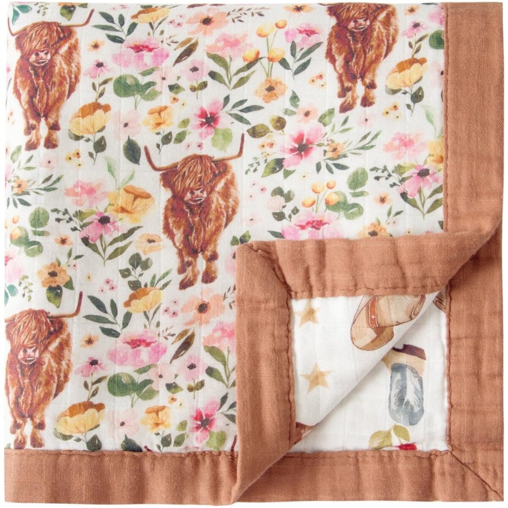 Little Jump Cowgirl Floral & Highlandcow Muslin Blanket Baby Quilt - Silky Soft and Breathable Crib Blanket for Daycare - Large 47 x 47 - 2 Layers Toddler Summer Blankets for Girls (Cow Girl)