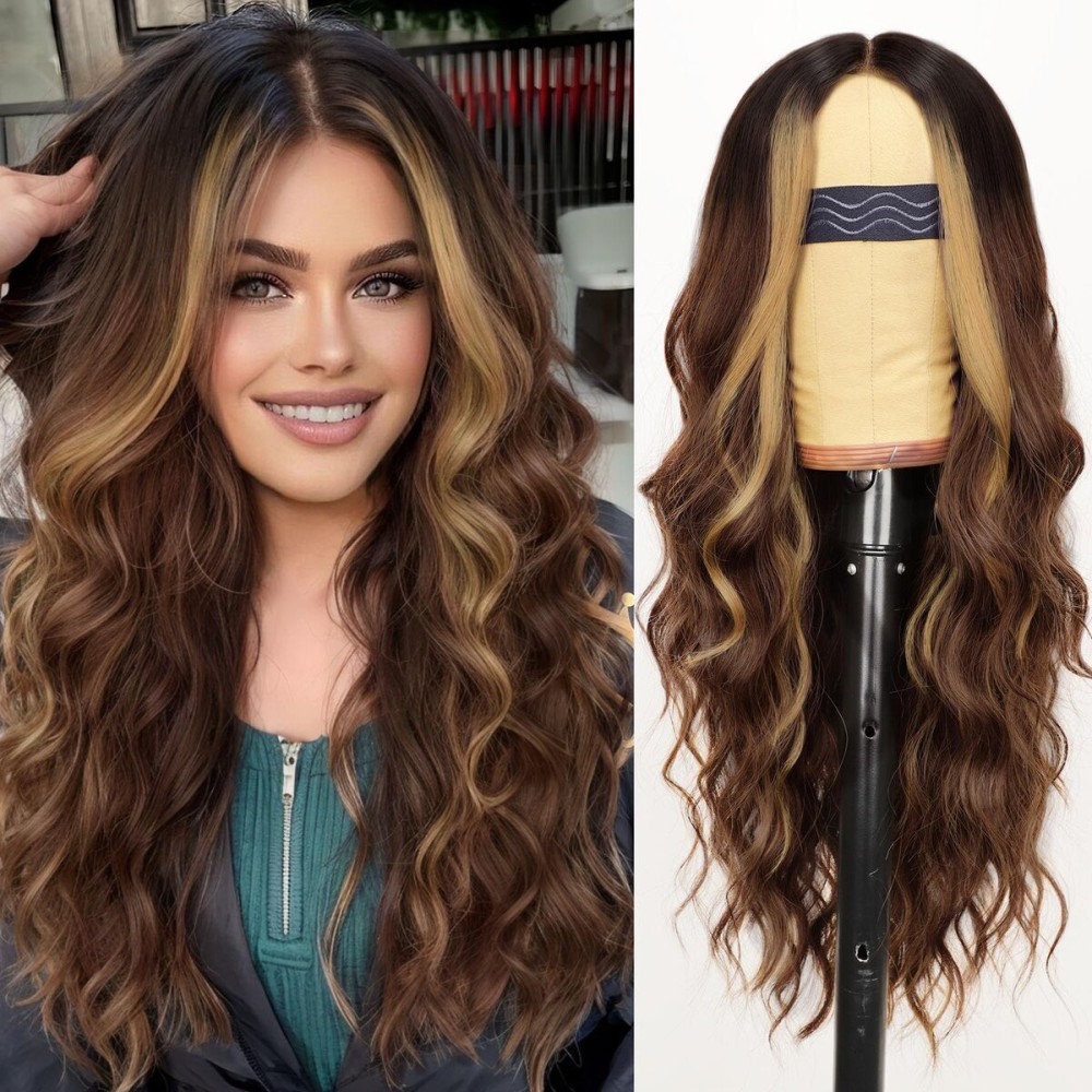 AISI HAIR Brown Highlight Wig for Women, Long Wavy Lace Hairline Middle Part Synthetic Heat Resistant Wig for Daily Party-26 Inch