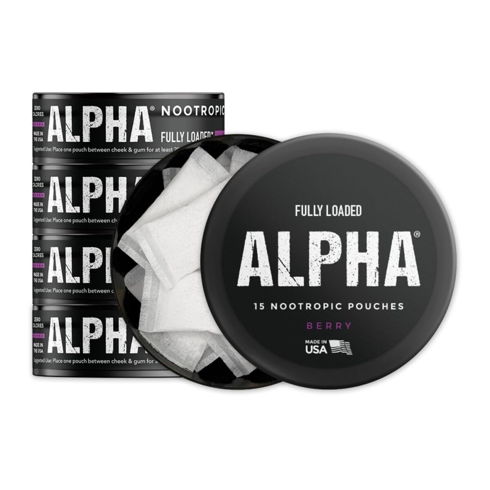 Fully Loaded Alpha Nootropic Pouches (Berry) - 5 Cans - 15 Pouches per can - Effective Nootropic Delivery, Nic Pouch Replacement - Faster Absorption, Alpha GPC, L-Tyrosine, GABA