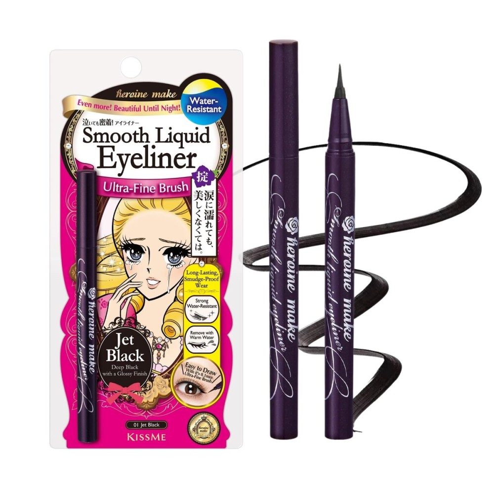 Heroine Make by KISSME Waterproof Eyeliner with Ultra-Fine 0.1mm Tip, Liquid Eyeliner Pen for Sensitive Skin, Cat Eye Liner for Long Lasting Wear, Made in Japan, Jet Black, 1 Count, SMOOTH