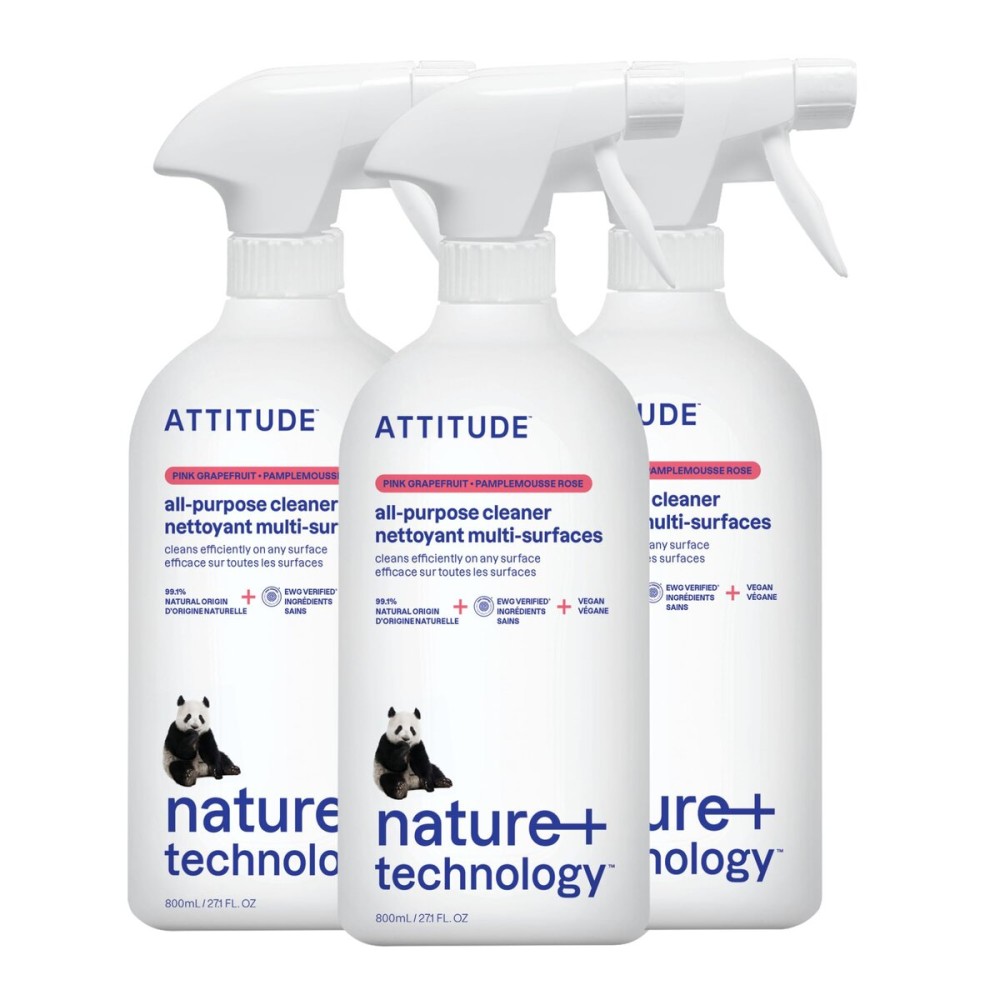 ATTITUDE All Purpose Cleaner Spray, EWG Verified, Vegan, Made with 94% Plant-Based Ingredients, Streak-Free for Kitchen, Bathroom, Glass & More, Pink Grapefruit, 27.1 Fl Oz (Pack of 3)