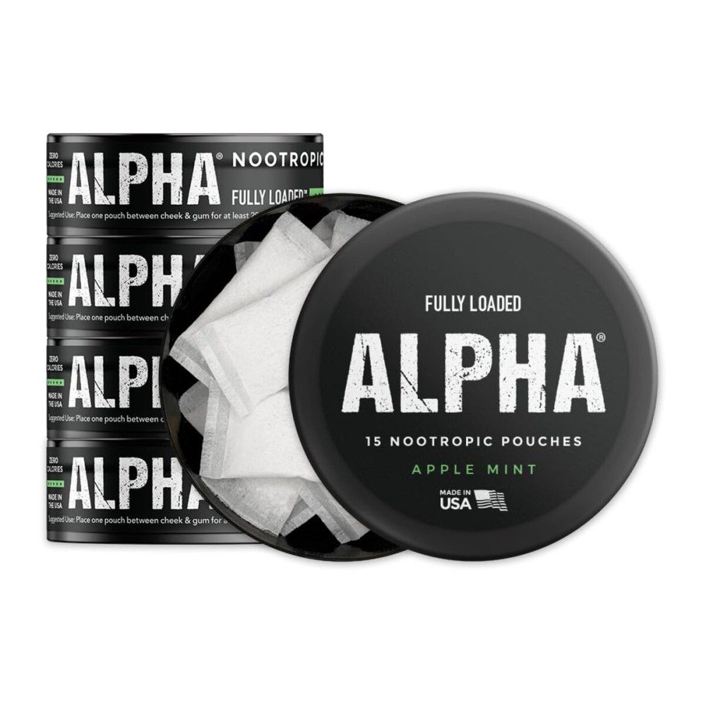 Fully Loaded Alpha Nootropic Pouches (Apple Mint) - 5 Cans - 15 Pouches per can - Effective Nootropic Delivery, Nic Pouch Replacement - Faster Absorption, Alpha GPC, L-Tyrosine, GABA
