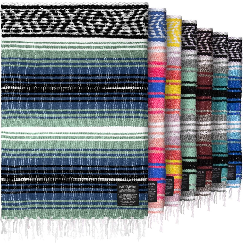 Hydration Nation Authentic Large Handwoven Mexican Blanket - Soft Yoga- Durable Serape- Lightweight Falsa, Beach, Camping, Picnic, Outdoor Blanket 70x50 - Arctic