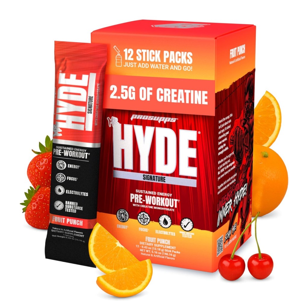 PROSUPPS Mr. Hyde Signature Pre Workout Drink Mix- Performance, Energy & Endurance with Creatine, Beta Alanine & Caffeine - Clean Gym Supplements for Men & Women (Fruit Punch, 12 On-The-Go Packets)