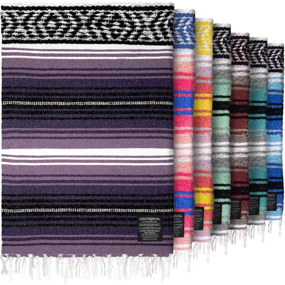 Hydration Nation Authentic Large Handwoven Mexican Blanket - Soft Yoga- Durable Serape- Lightweight Falsa, Beach, Camping, Picnic, Outdoor Blanket 70x50 - Lavender Jade