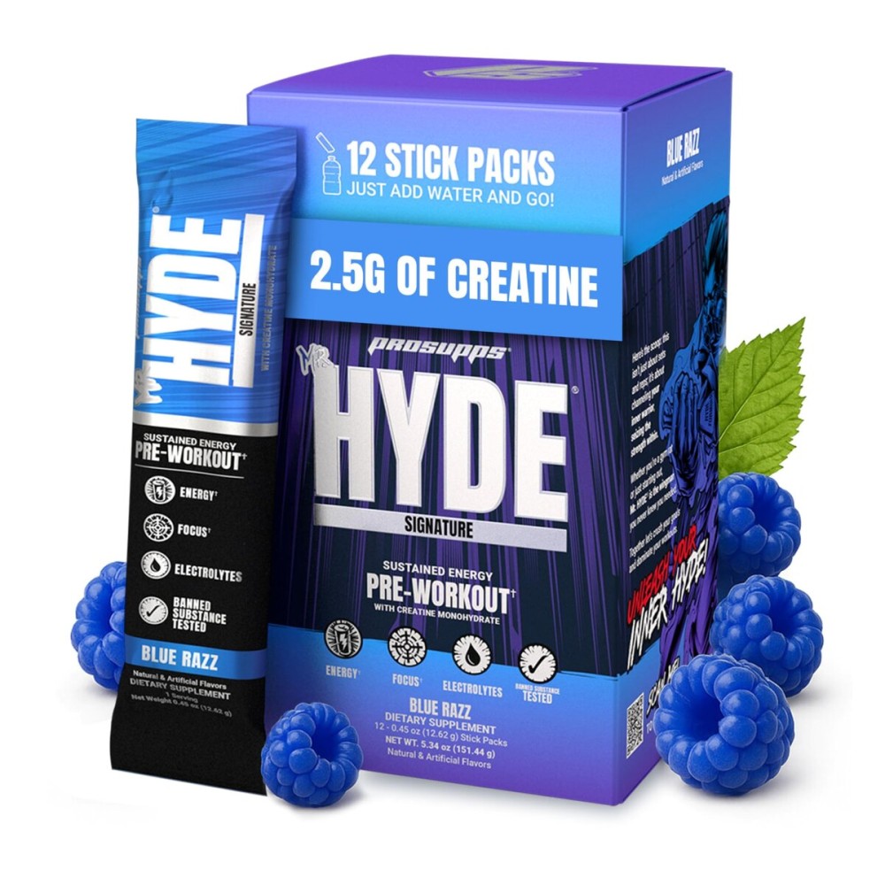 PROSUPPS Mr. Hyde Signature Pre Workout Drink Mix- Performance, Energy & Endurance with Creatine, Beta Alanine & Caffeine - Clean Gym Supplements for Men & Women (Blue Razz, 12 On-The-Go Packets)