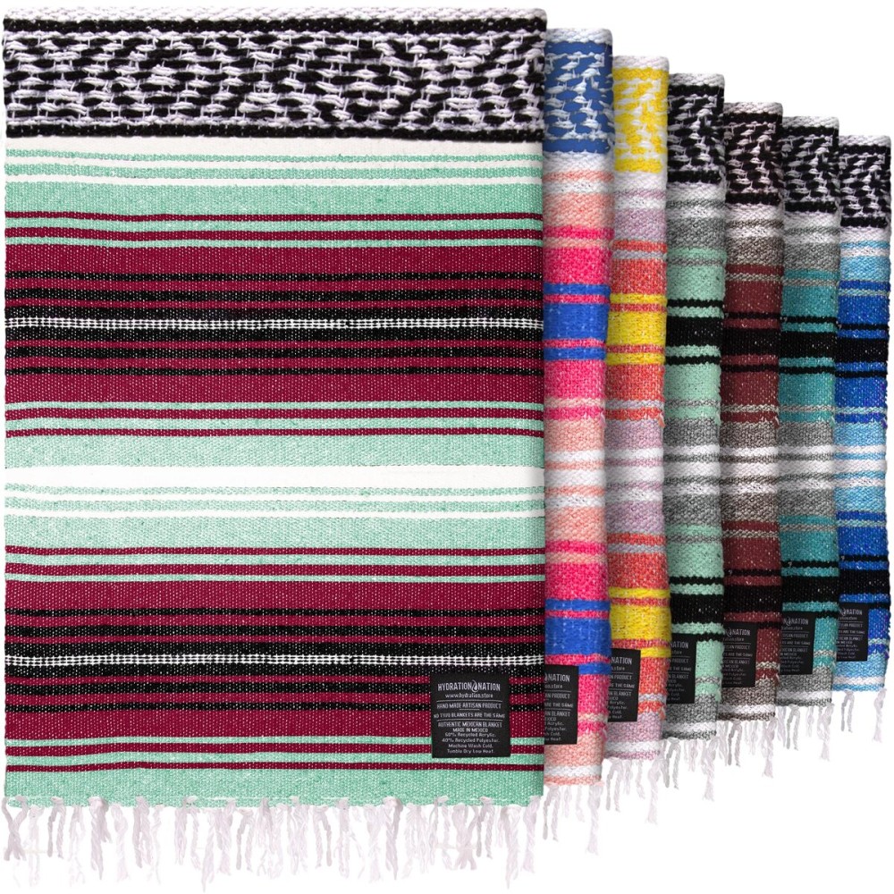Hydration Nation Authentic Large Handwoven Mexican Blanket - Soft Yoga- Durable Serape- Lightweight Falsa, Beach, Camping, Picnic, Outdoor Blanket 70x50 - Miami Vice