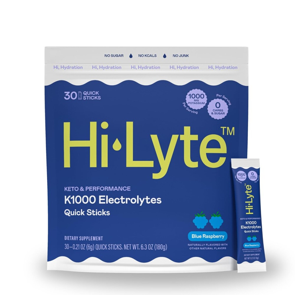Hi-Lyte K1000 Blue Raspberry Electrolytes Powder Packets, 30 Servings - 1000mg Potassium + Magnesium, Sodium, Trace Minerals - 0 Carbs, 0 Sugar