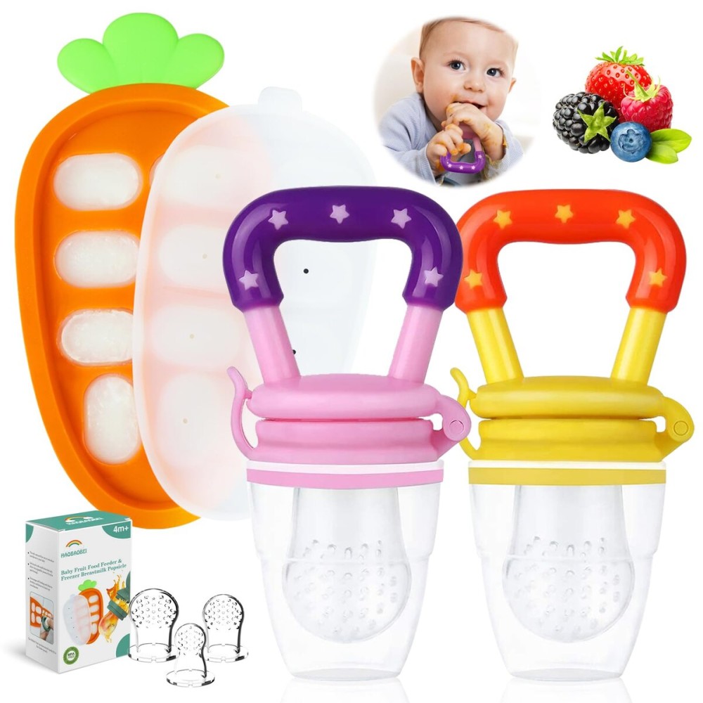 HAOBAOBEI Baby Fruit Feeder with Ice Tray, BPA-Free Silicone Teether & Infant Feeding Set for 3-24 Months, Leak-Proof, Ergonomic Handle - Perfect for Puree, Yogurt & Frozen SnacksPink Yellow