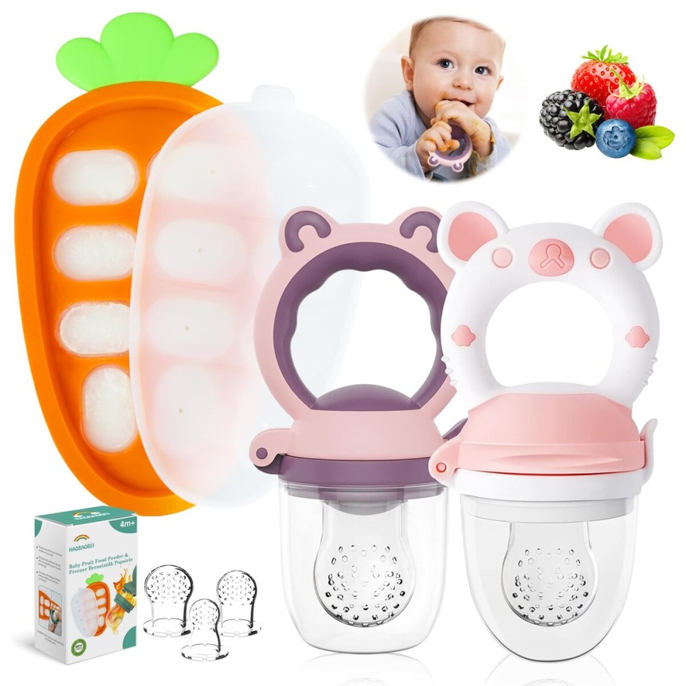 HAOBAOBEI Baby Fruit Food Feeder Pacifier - Fresh Food Feeder, Infant Fruit Teething Teether Toy for 3-24 Months, 3 Pcs Silicone Pouches for Toddlers & Kids & Babies, 2-Pack (Purple Pink)