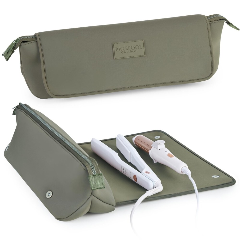 BAREFOOT CARIBOU Hair Tools Travel Bag and Heat Resistant Mat for Flat Irons, Straighteners, Curling Iron, and Haircare Accessories, 2-in-1 design, with Interior Pockets, Portable Organizer (Olive)
