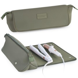 BAREFOOT CARIBOU Hair Tools Travel Bag and Heat Resistant Mat for Flat Irons, Straighteners, Curling Iron, and Haircare Accessories, 2-in-1 design, with Interior Pockets, Portable Organizer (Olive)